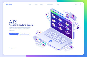 ATS, applicant tracking system isometric landing page. Business concept with candidates profiles on laptop screen. Files and cv information organization for hiring and recruitment 3d vector web banner