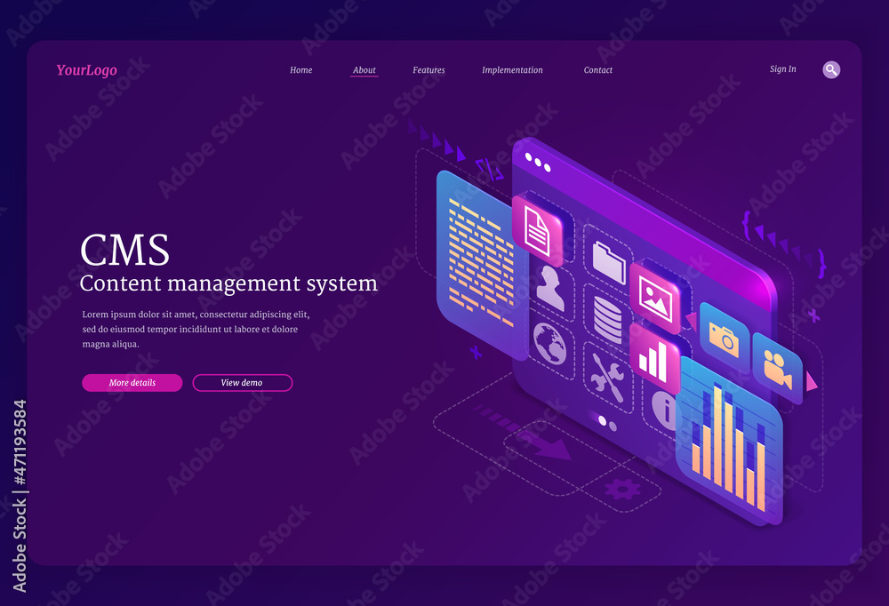 Poster cms, content management system isometric landing page. computer desktop with programs, pc software u