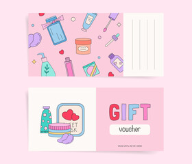 Cosmetic beauty shop coupon template design. Cosmetic Products Vector Illustration discount card. Printable vector beauty saloon design with text for banner, poster, voucher, advertising.