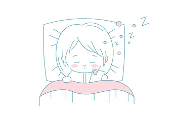 Girl sleeping in bed with a phone outline illustration. The female character fell asleep while surfing the internet concept. Modern cute manga girl head resting on a pillow. Vector kawaii isolated.