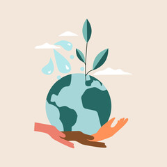 World water day or diverse hands holding planet Earth with water drop shape. Sustainable ecological ecosystems concept with green earth. Flat vector illustration for poster, greeting card design