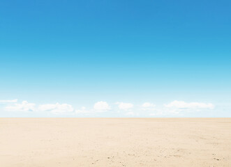 Fototapeta na wymiar Arid desert with the blue sky background. On the dirt road that is wide and empty. The horizon and flat land.