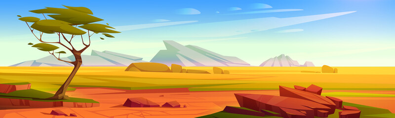 African savannah landscape, wild nature of Africa, cartoon background with green tree, rocks and plain grassland field under blue clear sky. Kenya panoramic view, parallax scene, Vector illustration © klyaksun