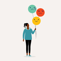 Mixed Feelings And Emotions Concept. Young Black Woman Holding Balloons With Smiley, Angry And Sad Emoji. Positive And Negative Reaction.