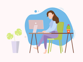 Woman sitting on the chair working on the laptop. Freelancer home workplace. Vector illustration in flat style
