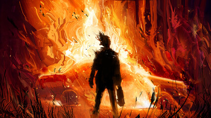 An oil texture illustration with a silhouette of a man with a gasoline can in his hand, he stands and looks at his car burning brightly in front of him in the middle of the night forest. 2d art 