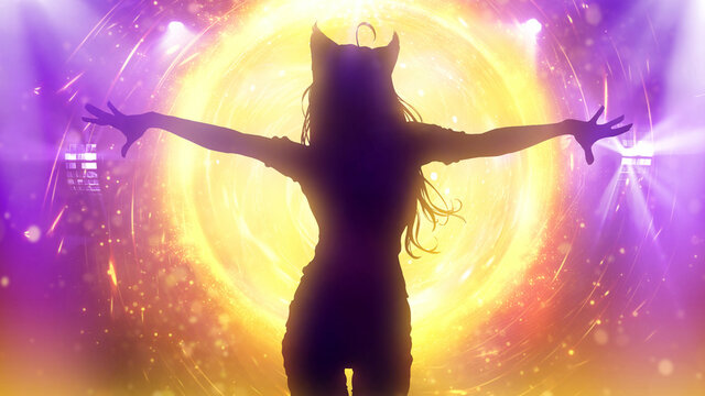 Silhouette of a beautiful anime-style girl with a perfect body, charming cat ears and long hair. She dances gracefully in the bright yellow-violet light of the night club spotlights. 2d illustration.