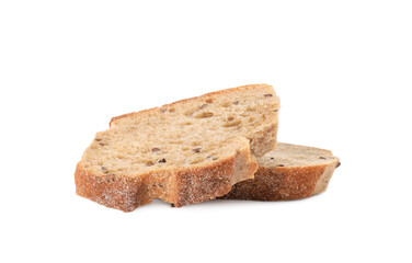 Slices of fresh buckwheat baguette on white background