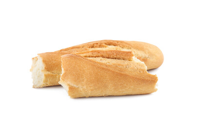 Pieces of fresh baguette on white background