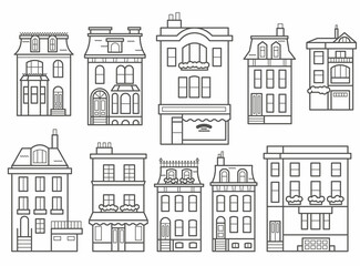 European buildings skyline. Linear cityscape with various row houses. Outline illustration with old Dutch buildings