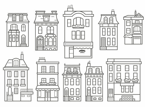 European buildings skyline. Linear cityscape with various row houses. Outline illustration with old Dutch buildings
