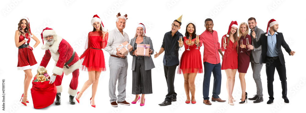 Sticker young people with glasses of champagne on white background. happy near year and merry christmas cele