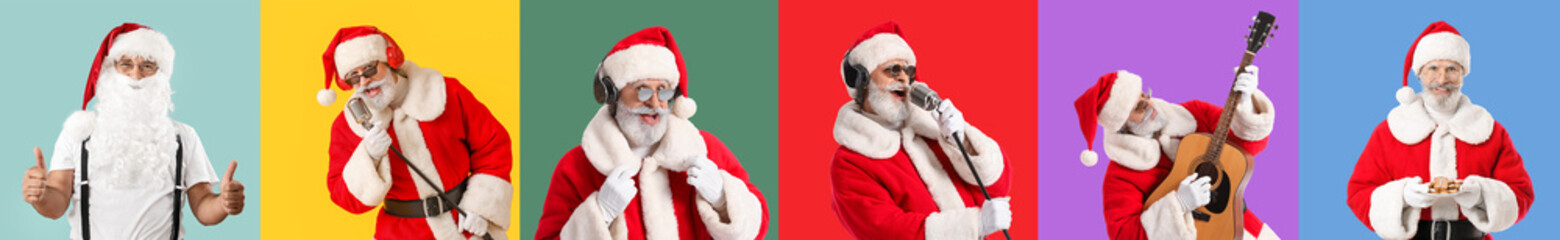 Santa Claus showing thumb-up on color background. Christmas vacation