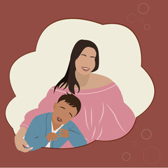 Mom in pink dress with her son.