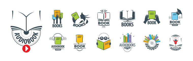 A set of vector logos of books and audiobooks on a white background