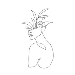 Woman Face with Leaves Line Art Drawing. Abstract Female Head One Line Drawing for Wall Art, Fashion Prints, Posters. Art Sketch Print, Black And White Single Line Art, Feminine Poster. Vector EPS 10