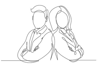 Man and Woman Continuous One Line Drawing. Business Peoples Standing Pose. Business Concept One Line Illustration. Couple Abstract Minimalist Drawing. Vector EPS 10