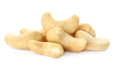 Pile of tasty organic cashew nuts isolated on white