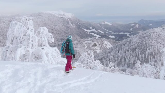 Young female snowboarder gazes at the wintry landscape before riding off piste in the idyllic mountains of Slovenia, Europe. Unrecognizable woman splitboarding in the Alps looks at the winter scenery.