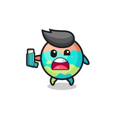 bath bombs mascot having asthma while holding the inhaler