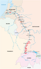 River system map Rhine with the most important cities and tributaries in German language