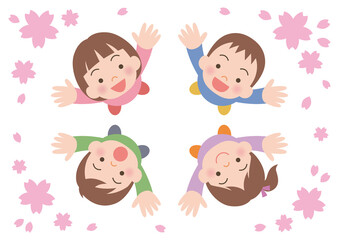 Fototapeta premium 桜を見上げる子供たち