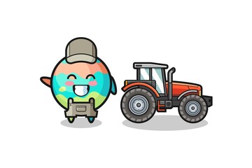 the bath bombs farmer mascot standing beside a tractor