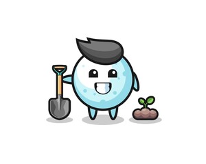 cute snow ball cartoon is planting a tree seed