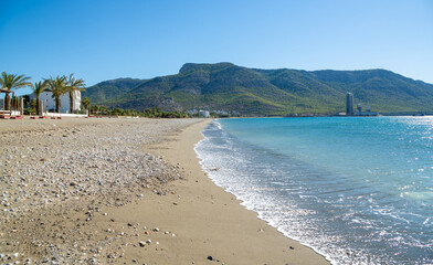 Yeşilovacık beach in Silifke district of Mersin, the city on the Mediterranean coast of Turkey. It is famous for its clean blue waters and natural beauties.