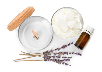 Wax flakes, dry lavender and essential oil on white background, top view. Making homemade candle