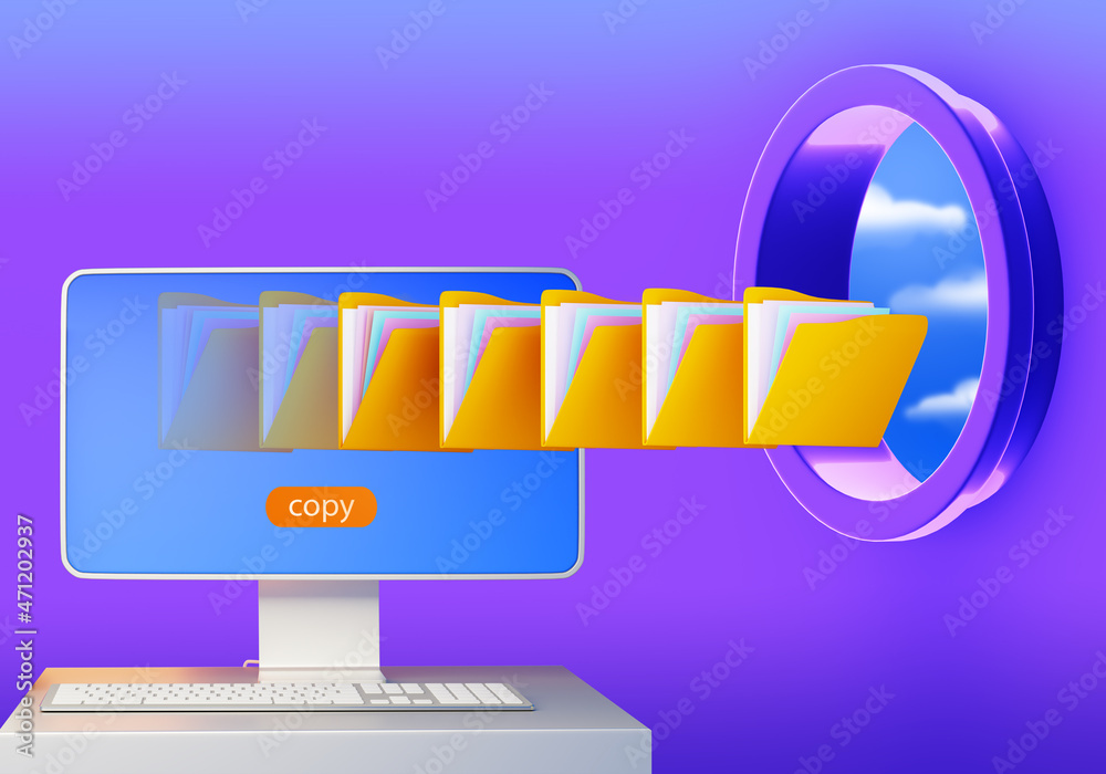 Poster cloud data storage. backing up information from pc. data exchange with cloud storage. concept of bac