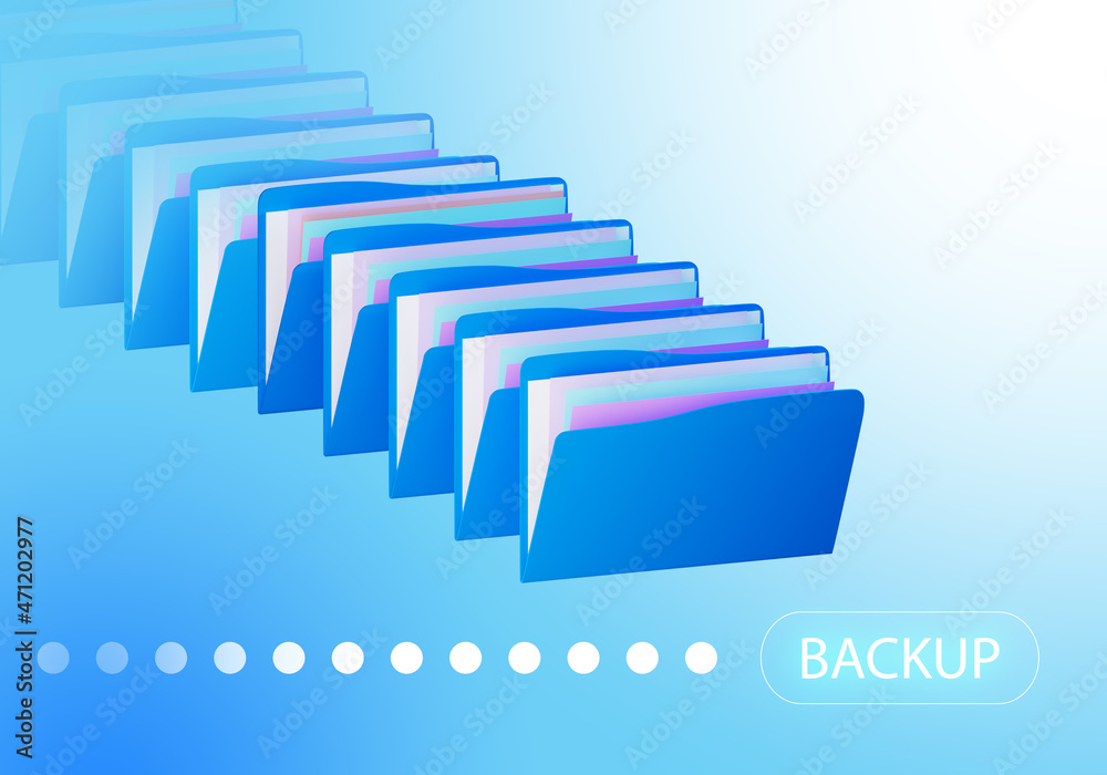Poster backup and recovery data. backing up electronic data. folders with papers and backup logo on blue ba
