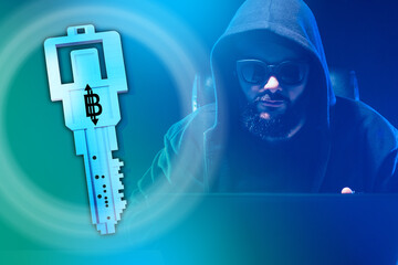 Electronic key from a bitcoin wallet. Key with bitcoin logo. Concept - a hacker breaks into a bitcoin wallet. Hacker in sunglasses. Hacking cryptocurrency Wallet. Hacker tries to hack cryptocurrency