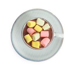 Cup of delicious hot chocolate with marshmallows isolated on white, top view