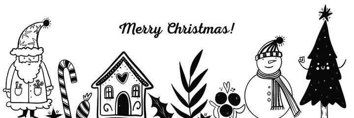 Christmas hand drawn decorations, vector elements. Traditional Christmas symbols: gifts, Santa Claus with reindeers, fir, sock, wreath etc. Vintage style.