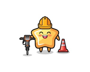road worker mascot of star holding drill machine