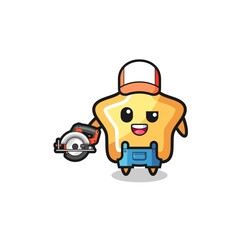Fototapeta premium the woodworker star mascot holding a circular saw