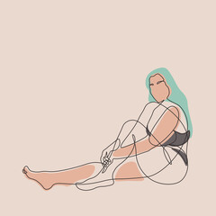 continuous line drawing of sitting body-positive girl with green colored hair. beautiful woman's silhouette in minimalism with pastel colors 