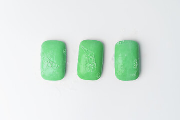 Top view of soap bars flat lay on white background