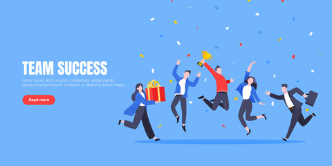 Happy business team employee winners award ceremony flat style design vector illustration. Employee recognition and best worker competition award team celebrating victory winner business concept.