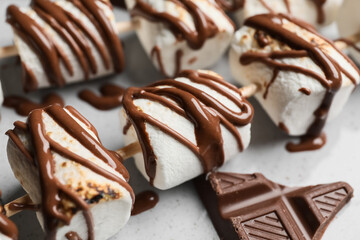 Skewers with tasty grilled marshmallows in chocolate, closeup