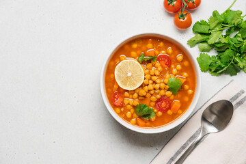 Chickpea lentil soup with vegetables, cilantro and lemon in light bowl on white table. Vegetarian soup top view
