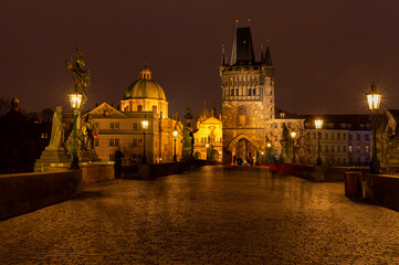 View from the Charles bridge in Prague at night