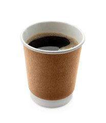 Aromatic coffee in takeaway paper cup isolated on white