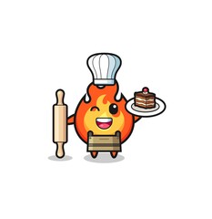 fire as pastry chef mascot hold rolling pin