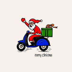 cute cartoon santa claus. santa claus sending gifts on motorbike. vector illustration of sending gifts on christmas day on motorbike.