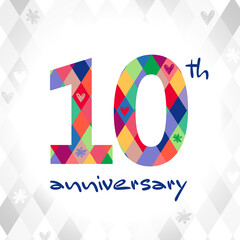 10th anniversary numbers. 10 years old or up to 10% off logotype concept. Isolated abstract graphic design template. Creative bright bg, 1 and 0 digits. Brushing style text, decorative blanket pattern