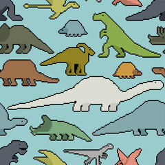 Dinosaurs pixel art seamless pattern. 8bit Dino texture. pixelated Prehistoric monster lizard background. Ancient animal cartoon style. Childrens cloth ornament. Vector illustration