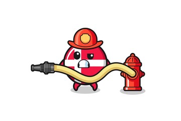denmark flag cartoon as firefighter mascot with water hose