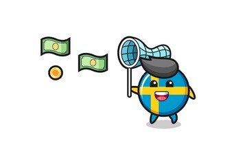 Obraz premium illustration of the sweden flag catching flying money